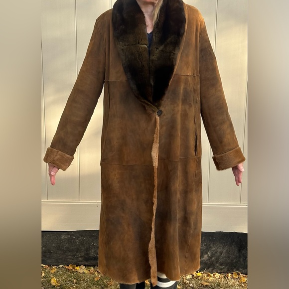 Vintage Midi Length Ombre Dyed Suede Shearling coat with Fur Collar - Picture 1 of 5